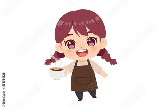 Cartoon girl in brown apron holds steaming coffee braids rosy cheeks big eyes