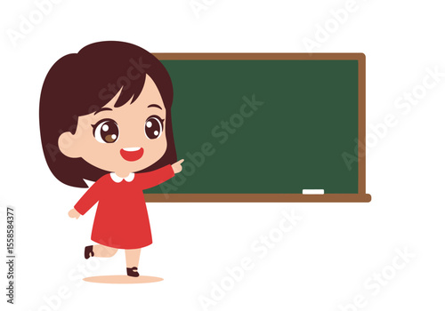 Cartoon girl in red dress pointing at a green chalkboard with white chalk below
