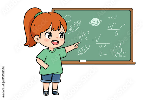 Cartoon girl pointing at chalkboard with spacethemed math equations and drawings