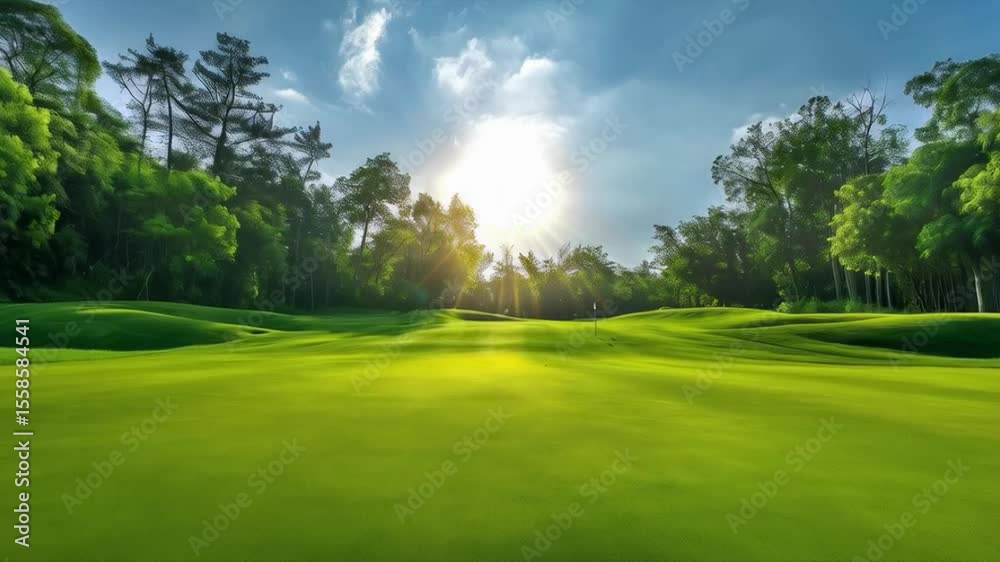 Peaceful sunset over a manicured golf course surrounded by forest. Great background for advertising vacation and luxury lifestyle.
