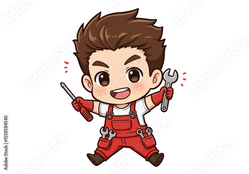 Cartoon handyman in red overalls holding a screwdriver and wrench