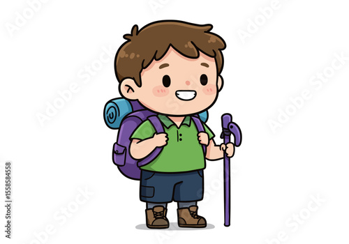 Cartoon hiker holds trekking pole wearing backpack green shirt blue shorts brown boots on white background