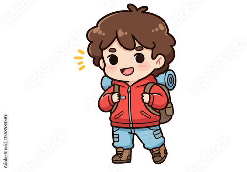 Cartoon hiker A boy with a backpack red hoodie and jeans stands smiling