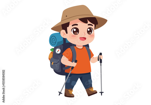 Cartoon hiker with backpack using hiking poles