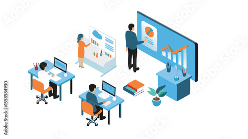 Isometric office scene showing coworkers collaborating on presentations and working at their desks area view