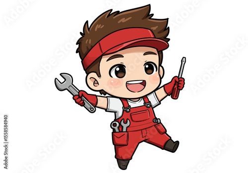 Cartoon mechanic in red overalls with tools smiling against a white background
