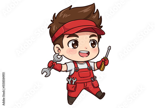 Cartoon mechanic with tools wearing red overalls and a visor ready for work