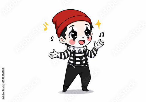Cartoon mime figure with red hat striped shirt white collar black pants and makeup smiling with musical notes and star details
