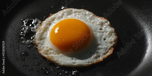 A simple and delicious fried egg over-easy on a black pan.