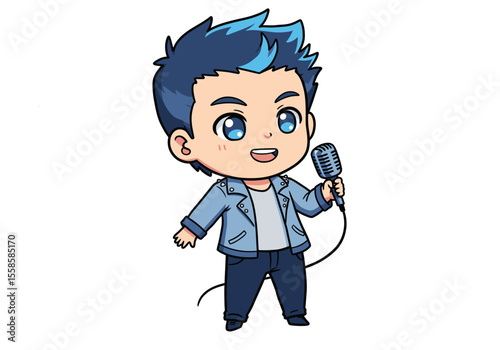 Cartoon of a bluehaired man singing into a microphone
