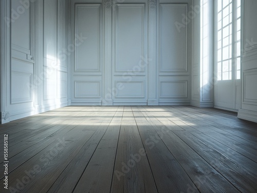 An empty room with high ceilings, wooden floor and classical architecture, bathed in natural light from the windows.