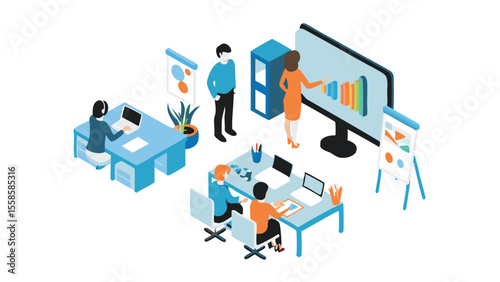 Isometric view of a business meeting with people at desks and a presentation on a large screen display