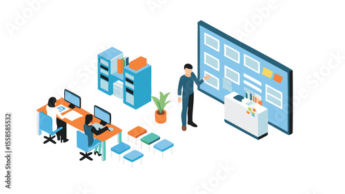 Illustration of an office space with employees working at desks and a presentation being given on a screen