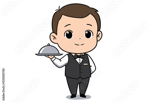 Cartoon waiter holds a silver platter smartly dressed in a black suit with bow tie