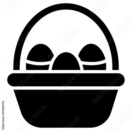 Easter eggs in a basket black vector icon on white background.