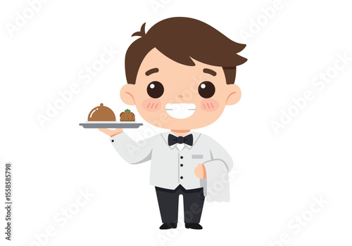 Cartoon waiter in uniform holds tray with food smiling on white background