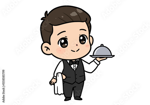 Cartoon waiter holding a covered dish and a cloth towel