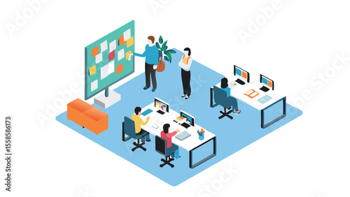Isometric office scene with people working at desks and a presentation board with sticky notes shown