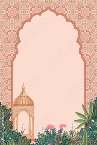 Mughal traditional pattern, arch, temple, palm tree, lotus flower illustration for wedding invitation frame