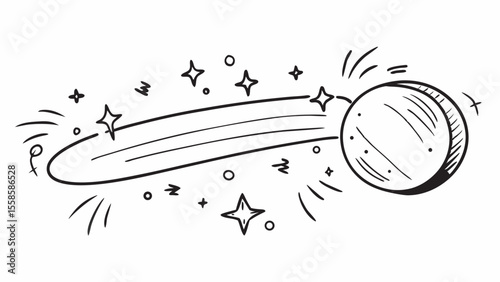 Hand-drawn Doodle Style Comet and Planet: Whimsical, Magical, Space-Themed Illustration