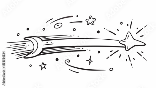 Hand-drawn whimsical shooting star design element; crescent moon, sparkling starburst, cosmic dust; black and white illustration.