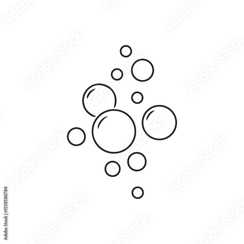 A clean and simple black and white line art illustration of floating soap bubbles on a white background. Ideal for use in hygiene, cleaning, bath products, kids content, or minimalist graphic design p
