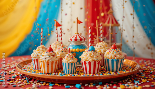 “Circus tent with colorful tray of striped desserts, popcorn cakes, and confetti.”

