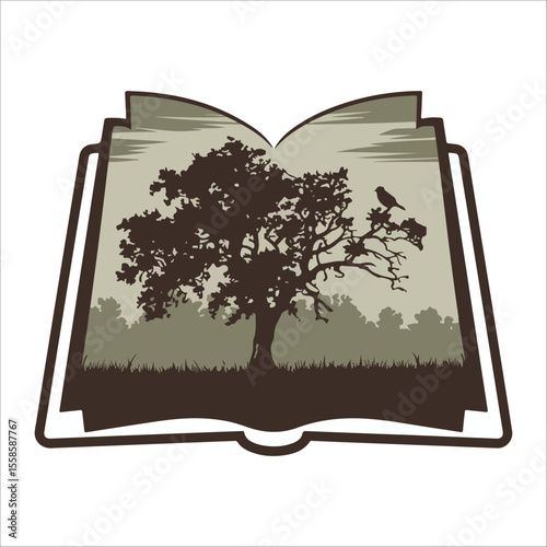 Serene Nature Scene: Open Book Silhouette with Tree and Bird, Peaceful, Vintage Style Illustration
