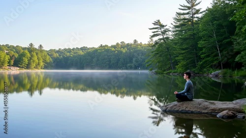 Serene meditation by a peaceful lake surrounded by lush green trees under a clear blue sky
