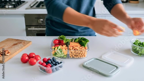 Preparing a Healthy Meal with Fresh Vegetables and Fruits in a Modern Kitchen Setting