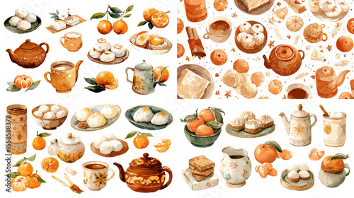 Charming watercolor illustrations of Asian tea sets, oranges, and traditional sweets, perfect for cultural cuisine designs, packaging, or food illustrations.

