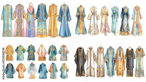 Elegant Islamic dresses including kaftans and abayas in rich patterns and colors, perfect for modest fashion catalogs, traditional clothing designs, and cultural illustration.

