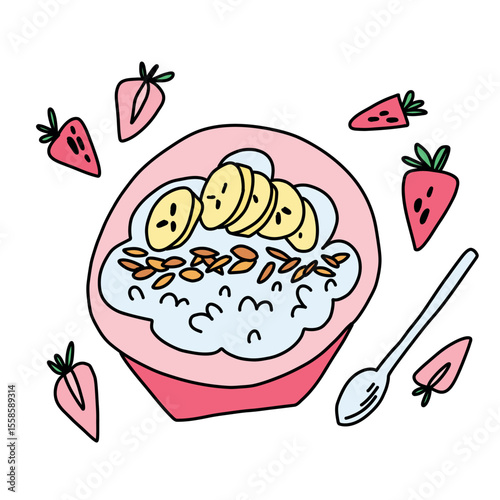 Oatmeal porridge with seeds and sliced banana in a pink plate surrounded by strawberries