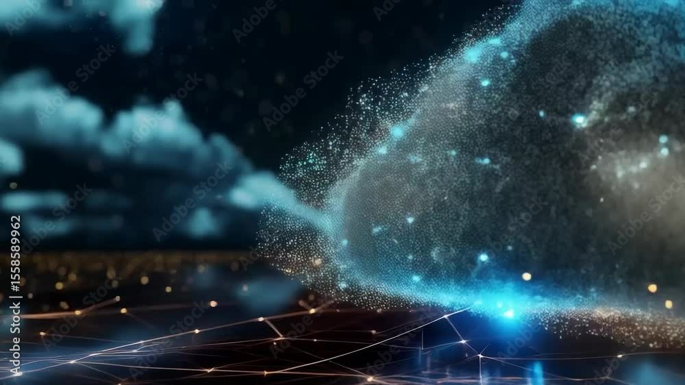 Abstract image of a cloud made up of glowing dots and lines. Useful for presentations about technology, cloud computing and digital innovation.
