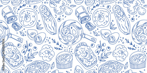 Outline pattern with egg breakfast, blue outlines on white background, coloring with food