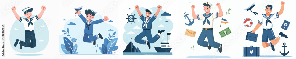 Obraz premium Sailor character vector celebrating jumping