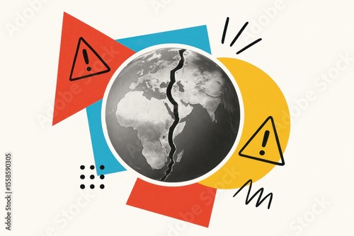 global crisis concept depicting a cracked earth surrounded by warning signs with colorful geometric shapes representing environmental challenges