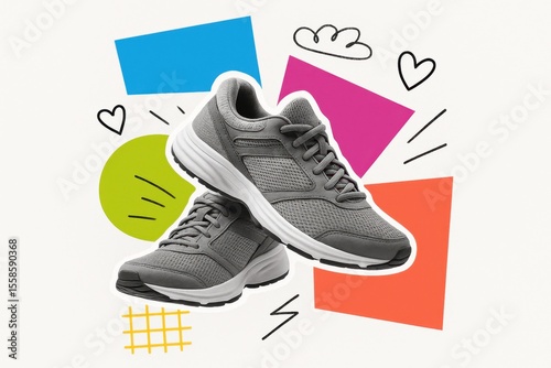 stylish gray sports shoes displayed against a colorful abstract background with playful shapes and doodles, emphasizing modern athletic footwear design