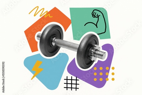 fitness design with dumbbell illustrations and colorful shapes emphasizing strength, workout, and healthy lifestyle on a vibrant background