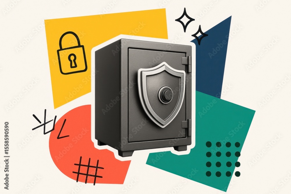 Obraz premium black safe with shield symbol on colorful abstract background representing security and protection of valuables in a modern setting