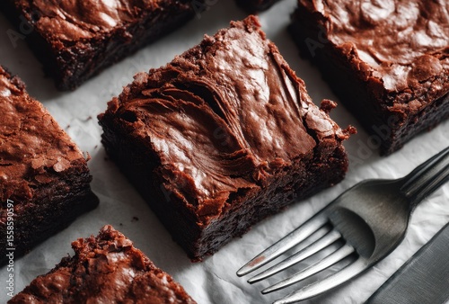 Deliciously Rich Chocolate Brownies Freshly Baked with a Perfectly Glossy Topping Set Against a Simple Background Ready for Indulgence