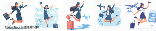 Vector character of a flight attendant celebrating a jump