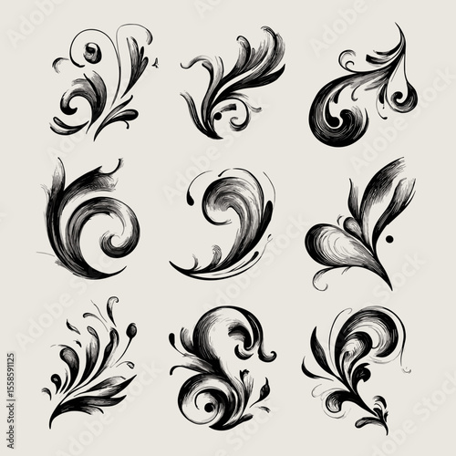 Set of decorative curls and swirls in hand-drawn style.	