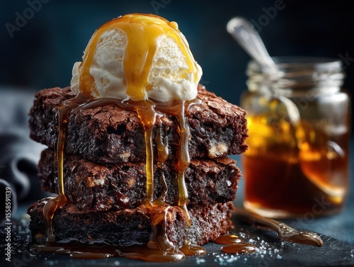 Deliciously Rich Chocolate Brownies Topped with Creamy Vanilla Ice Cream and Drizzled with Golden Caramel Sauce on a Dark Table
