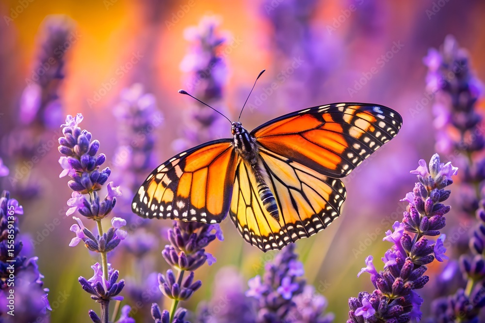 Obraz premium A monarch butterfly with open wings rests on a cluster of vibrant purple lavender flowers