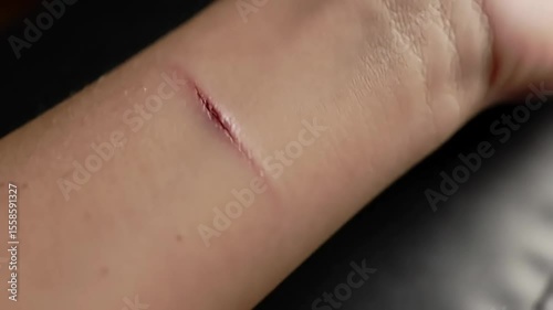 Wrist cut close-up, dark background, medical