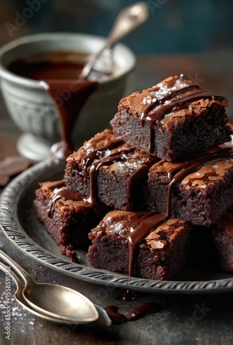 Deliciously Rich Chocolate Brownies with Drizzled Sauce on a Rustic Plate Surrounded by Elegant Cutlery and a Side of Chocolate Sauce