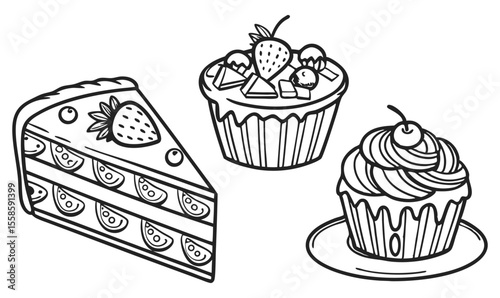 Hand Drawn Dessert Illustration  Cake Slice, Cupcake  Muffin Outline Art