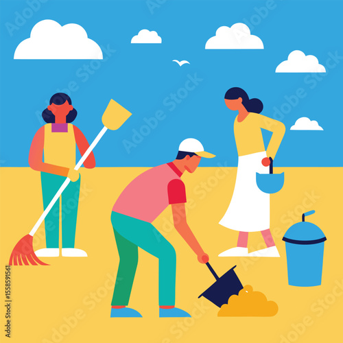 Happy cartoon woman with a broom and a smiling child, ready for housework