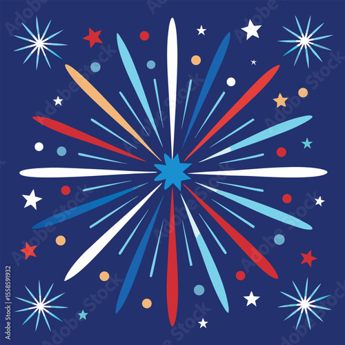 Colorful vector illustration of dazzling starburst fireworks exploding in the night sky, perfect for a festive holiday celebration backdrop